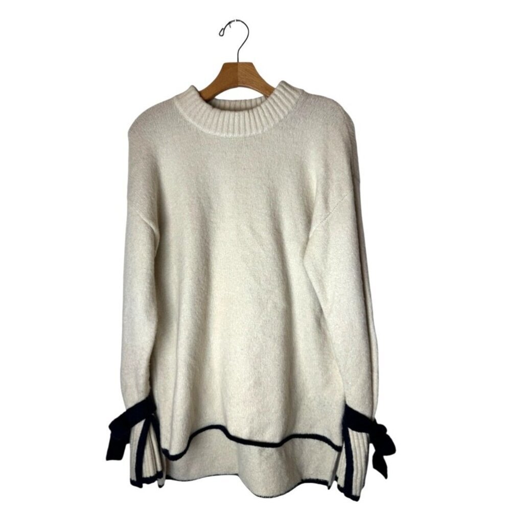 JOA Sweater Women‎ Small Ivory Navy Blue Trim Knit Hi Low Tie Sleeve Sweater - Picture 2 of 10